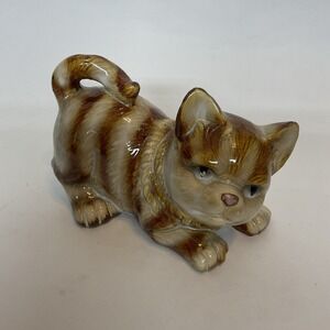 Vintage Cat Ceramic Glazed Striped Cat Tan Brown Crouch Laying Down Kitten